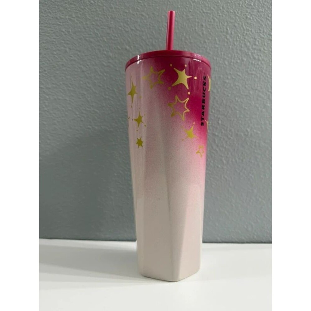 Starbucks 2022 Pink Ombre Gold Stars Faceted 24 oz Tumbler - Picture 3 of 6